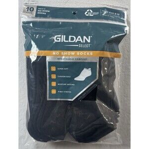 Gildan Select Men's 10 Pairs Black No Show Socks Shoe Size 6-12